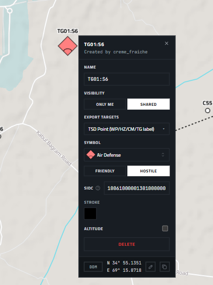 An Apache target point labeled TG01 and assigned to an Apache DTC export target