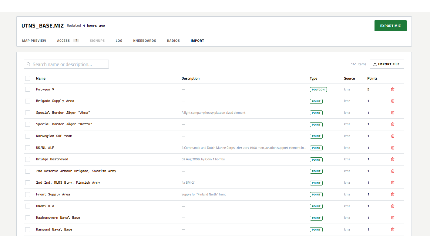 Import tab showing an existing list of imported features
