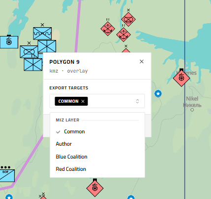 Export target popover showing COMMON selected and the MIZ Layer dropdown