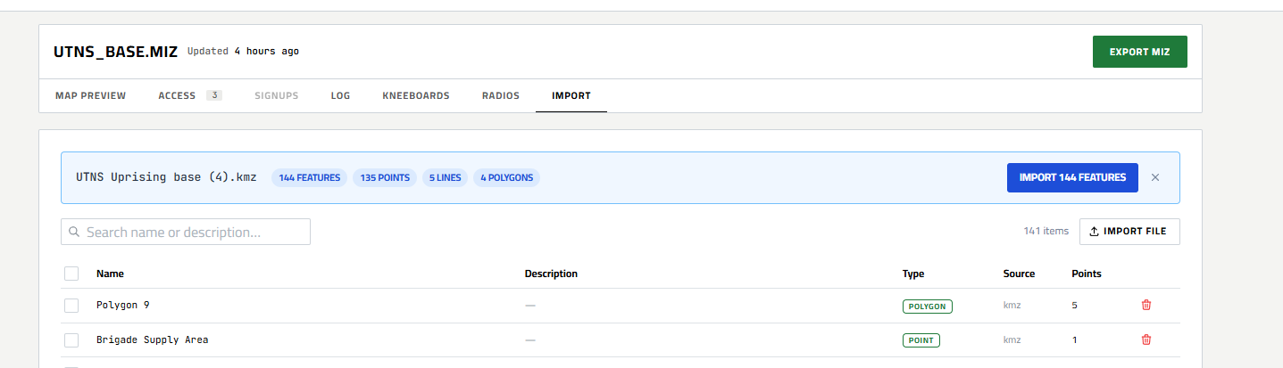 Analyze preview banner showing 144 features before confirming import