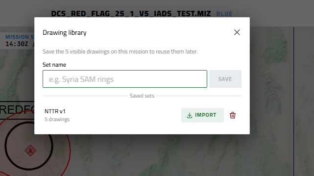 Drawing library dialog with a set name field and saved sets list