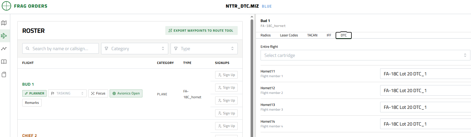 Reviewing and changing DTC assignments for a Hornet flight from the roster