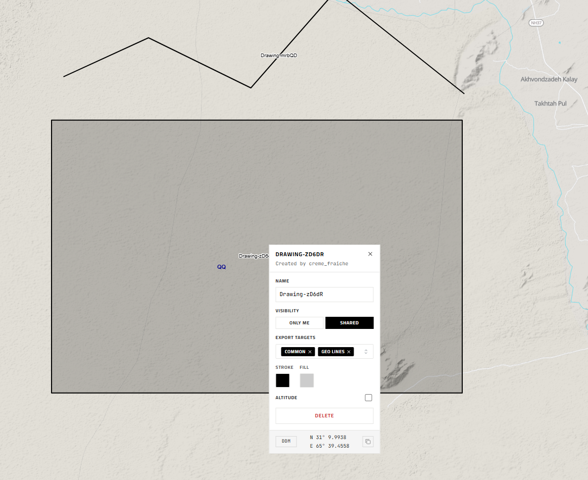 The drawing details popover with the Export Targets dropdown open
