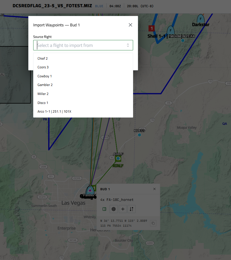 Flight hopup showing the Import WPs button
