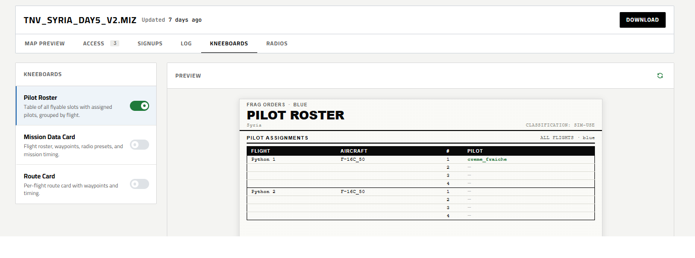 Kneeboards tab showing Pilot Roster enabled