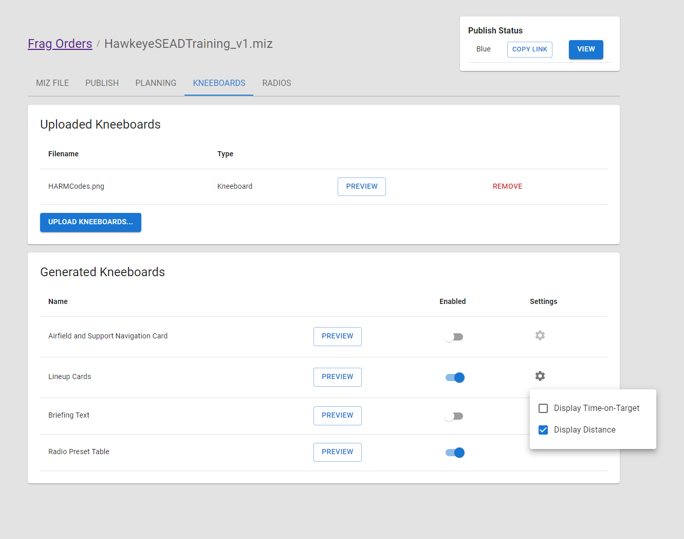 Kneeboard settings