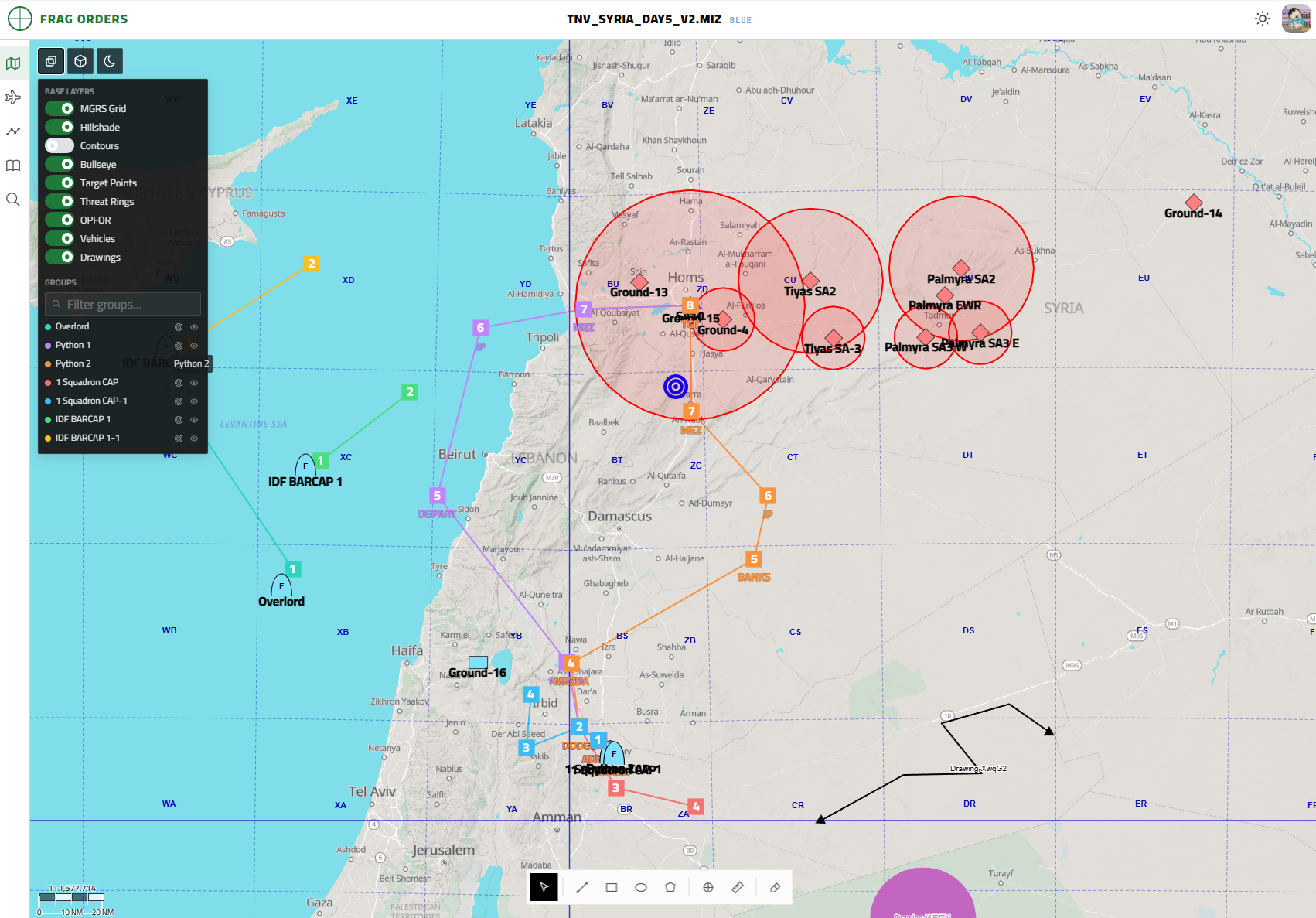 Map overview with routes and threat rings