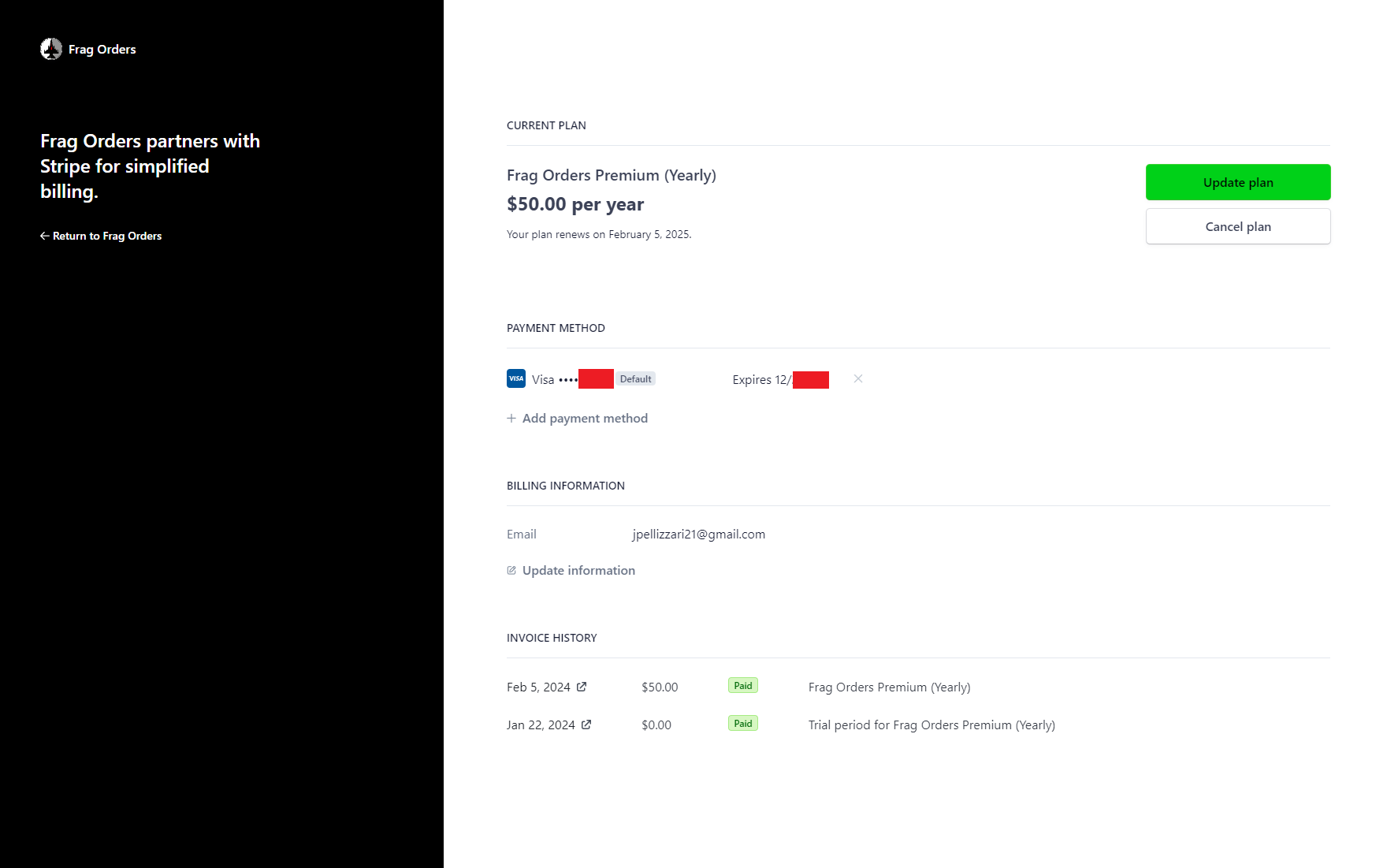 Stripe hosted payment management interface