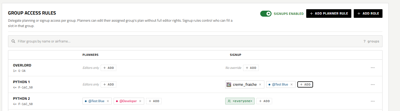 Group access with multiple planners and signup rules