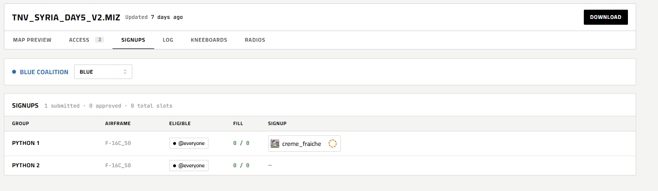 Signups tab with a pending request