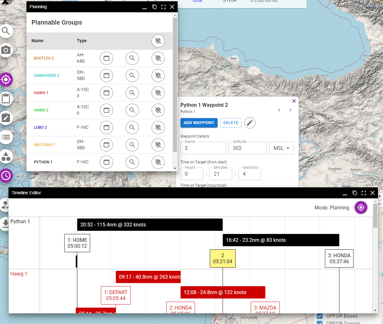 Timeline editor window in planning mode